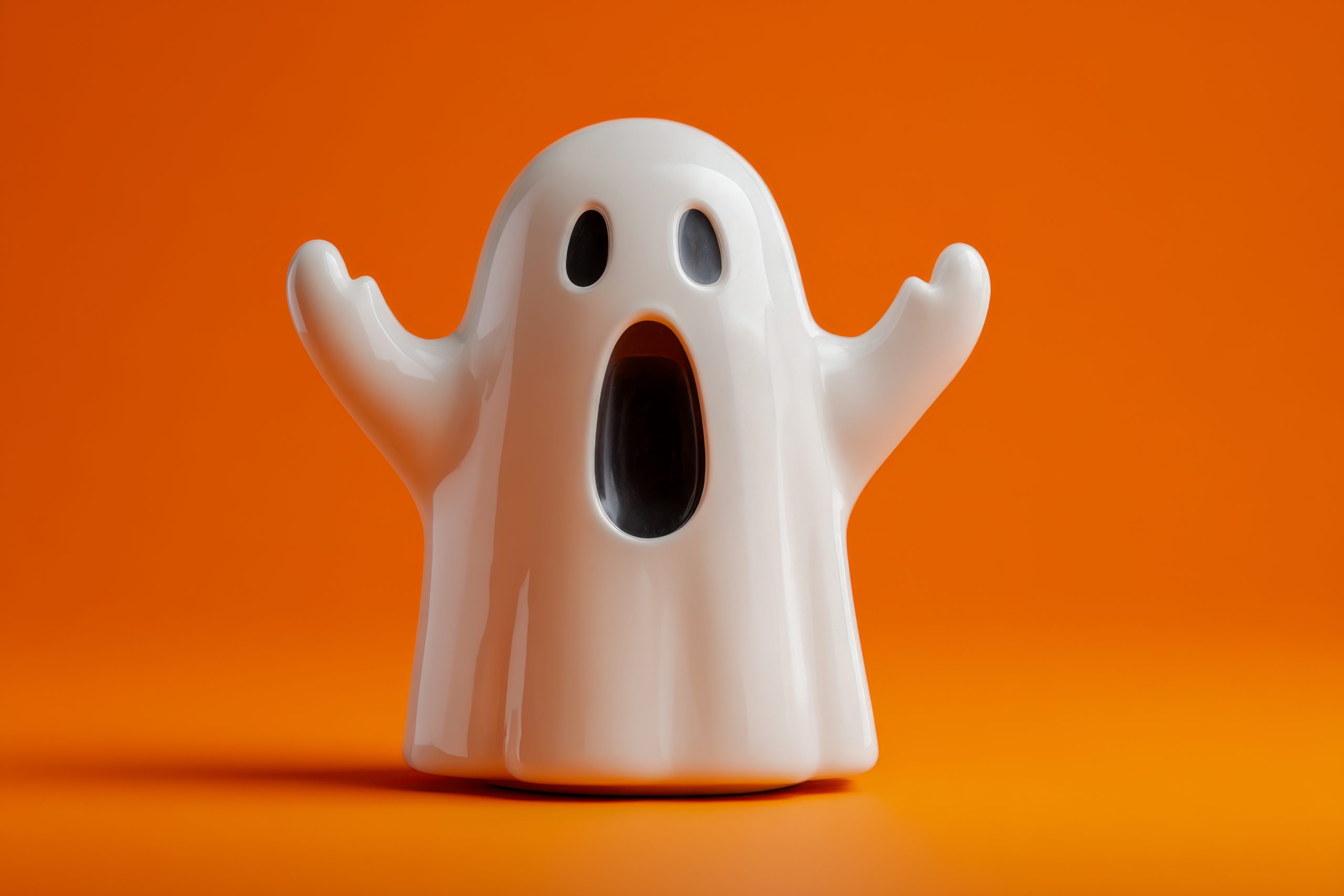 A white ceramic ghost figurine with expressive black eyes and mouth against a vibrant orange background symbolizing spooky and playful Halloween decorations